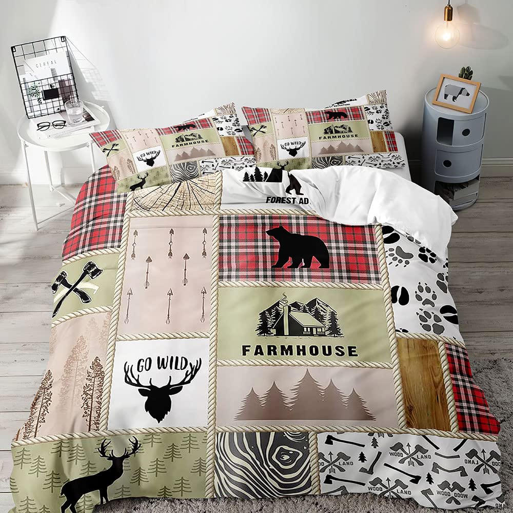 Schwarzbär Hirsch Bettbezug 3-teiliges Set Waldtiere Elch Elch Bettwäscheset Weiche Mikrofaser Bettdeckenbezug mit 2 Kissenbezügen
