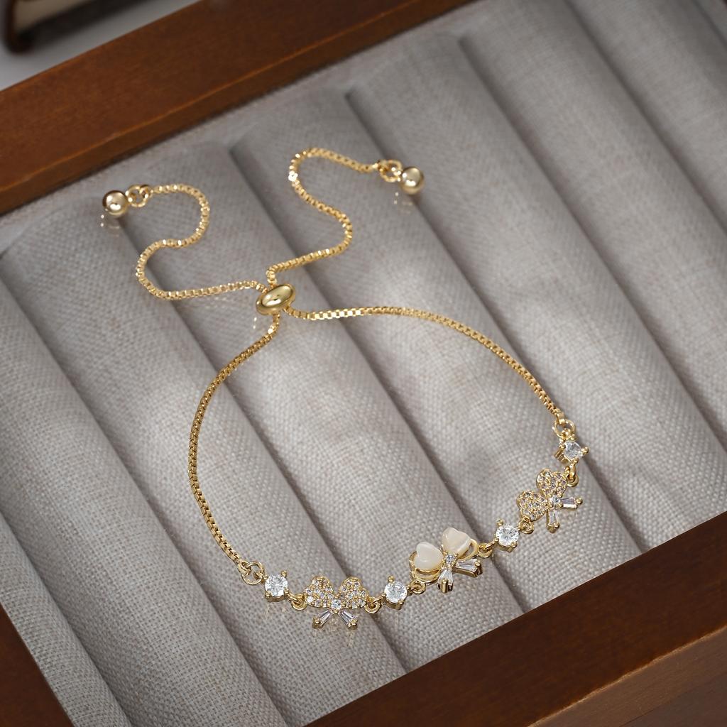 Elegant Cat's Eye Stone & Bowknot Charm Bracelet for Women, Adjustable Sliding Crystal Bracelets with CZ, Luxury Jewelry