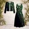 Women Plus Size Two Piece Dress Set Round Neck Long Sleeve Printed Dark Green Black With Pockets