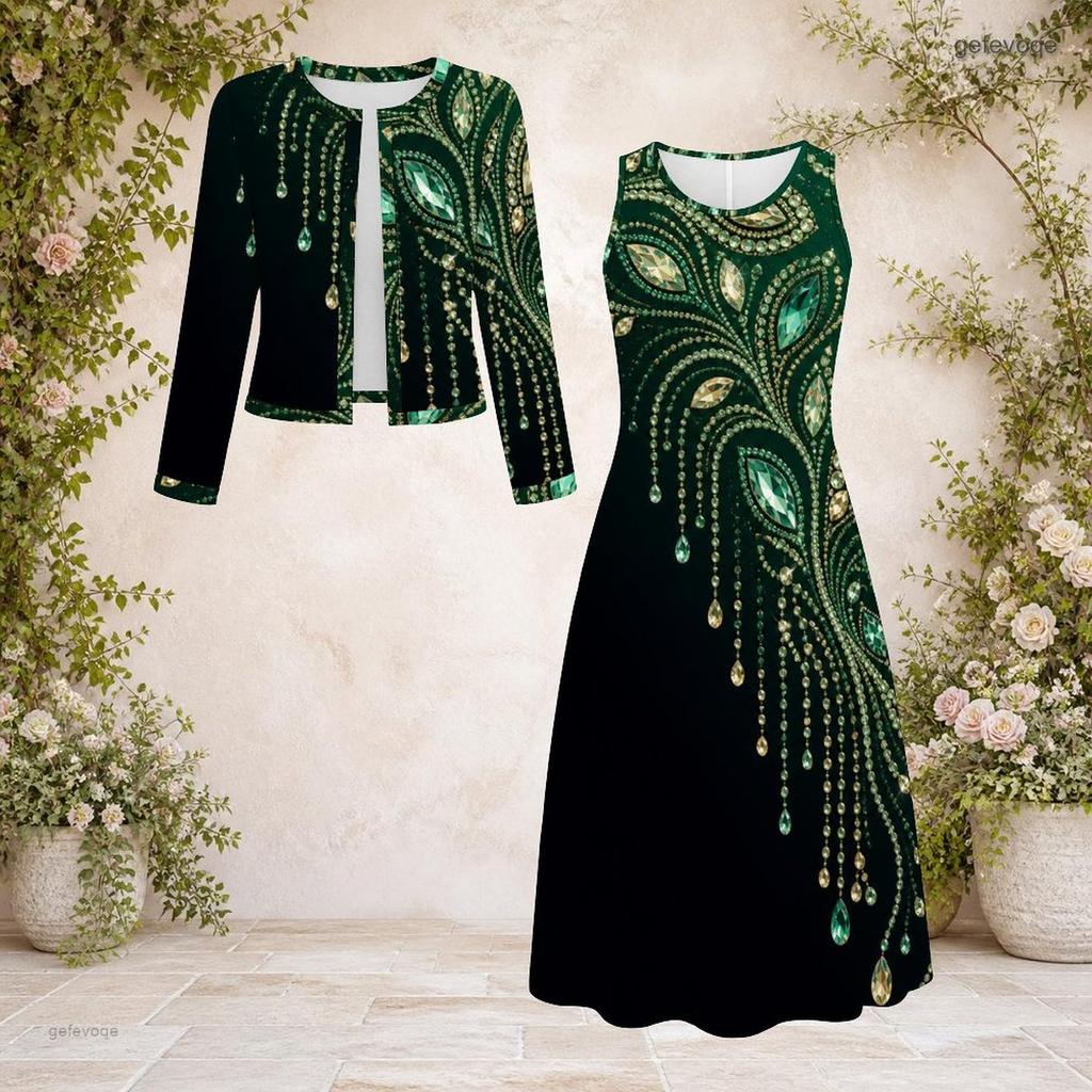 Women Plus Size Two Piece Dress Set Round Neck Long Sleeve Printed Dark Green Black With Pockets