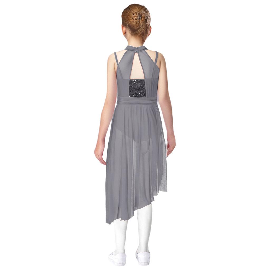 Girls Lyrical Performance Costume Shiny Sequins Sleeveless Asymmetrical Dance Dress with Sheer Mesh Skirt