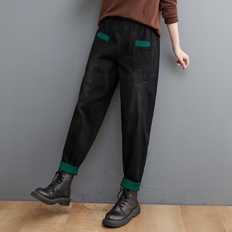 Vintage Blue Baggy Spliced Harem Jeans Women Ankle-Length Casual Elegant High Waist Oversized Denim Pants Korean Cute Pantalones