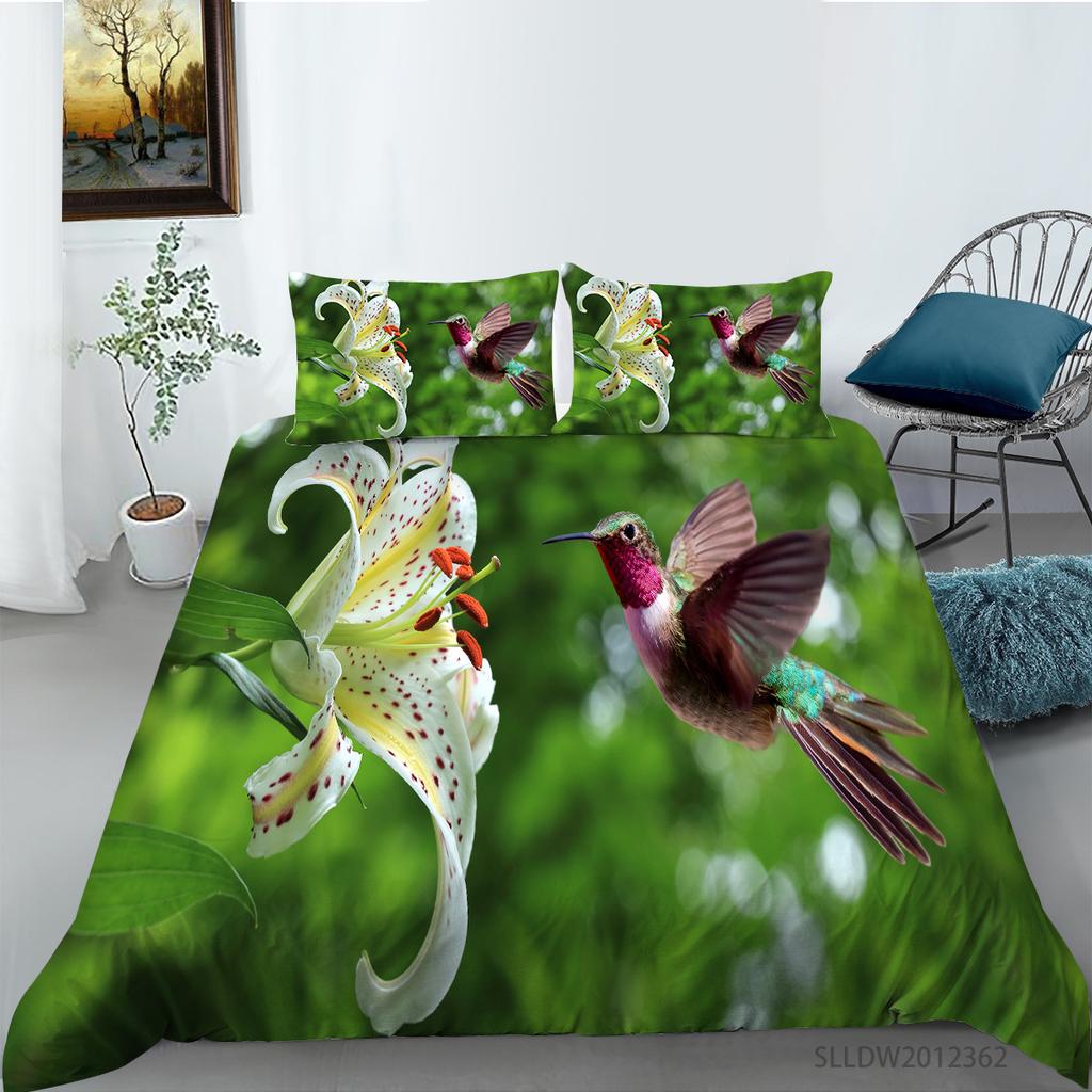 Hummingbird Duvet Cover Set King/Queen Size Small And Cute Tropical Bird Yellow Flower Green Leaves  Bedding Set Women