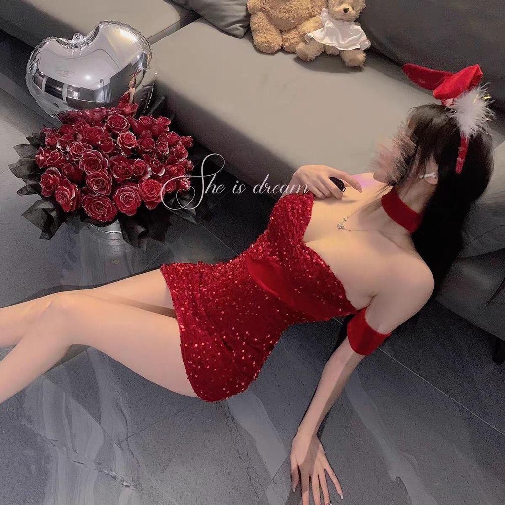 Dengmi Velvet Bunny Girl Sequin Lingerie - Red Strapless Christmas Dress for Women