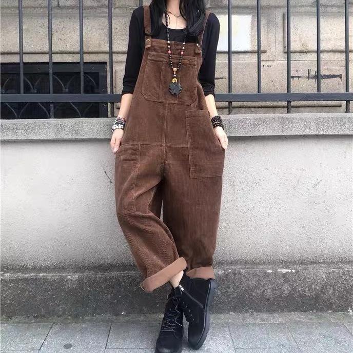 Spring Autumn Vintage Corduroy Jumpsuits Women Loose Casual Dungaree Straps Overalls