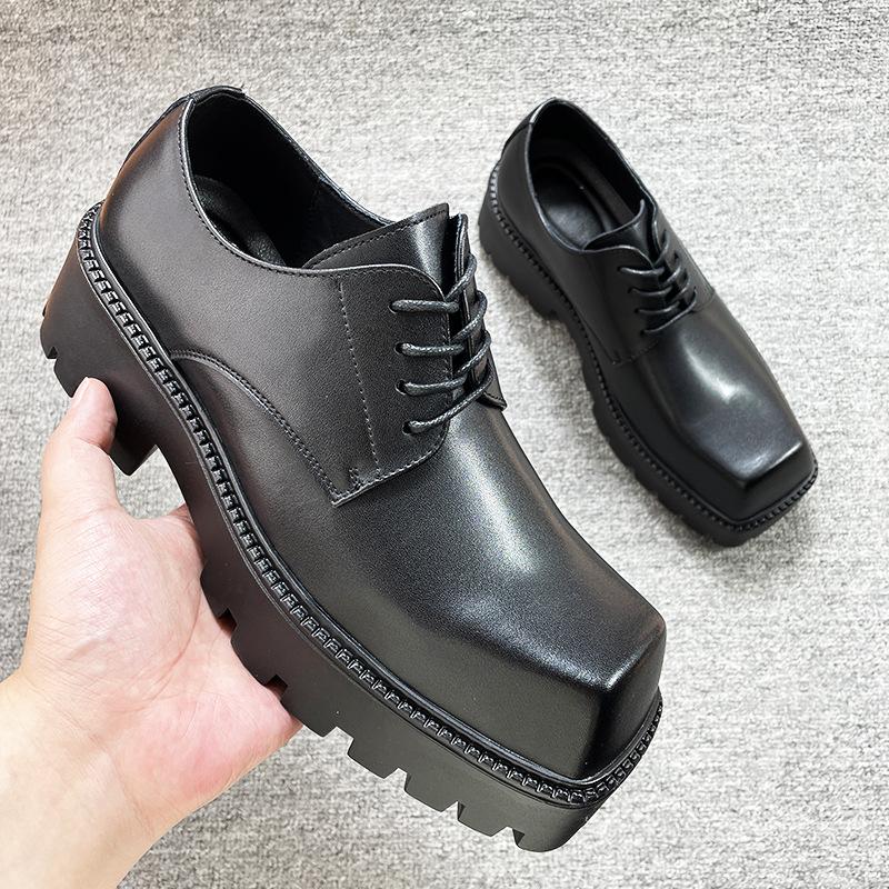 Korean version of teenagers square head small leather shoes men's platform heightening trend versatile casual shoes men's derby shoes wedding shoes