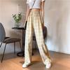 Women's Lightweight Elastic Summer High Waist Wide Leg Casual Pants Retro Plaid Loose All-match Straight Pants