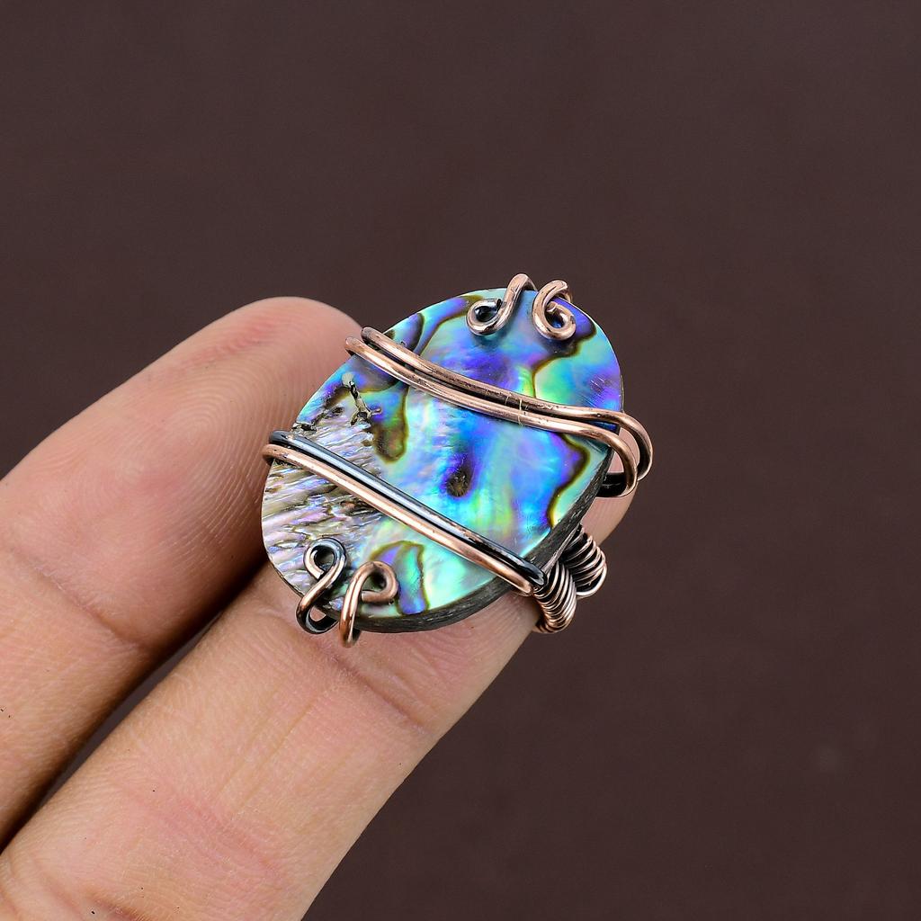 Abalone Shell Handmade Copper Wire Wrap Jewelry Ring Size 5.5 K3j64