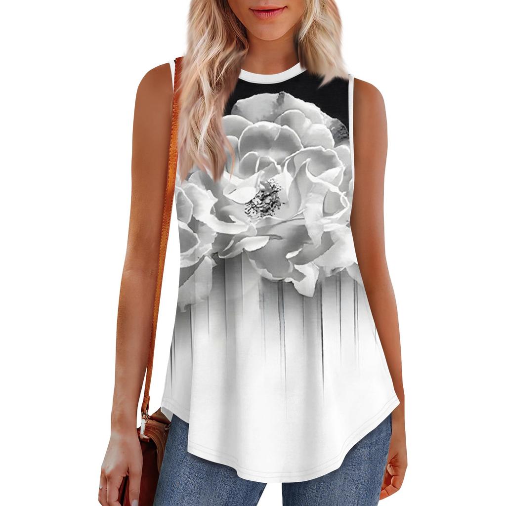 Women's Round Neck Floral Print Vest Versatile Loose Hem Sleeveless T-Shirt Top