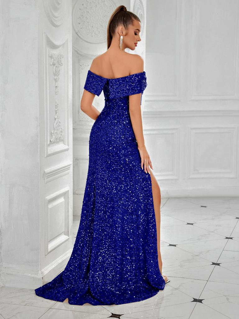European and American Banquet Design Split-ended Dress, Heavy Industry One-word Collar Slim and Thin Sequined Dress Long Dress