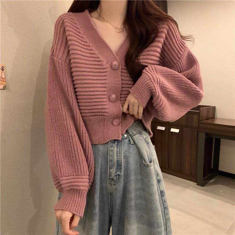 V-neck Knitted Cardigan Women's Autumn and Winter New Loose Lazy Sweater Jacket Chic Small Top Wholesale