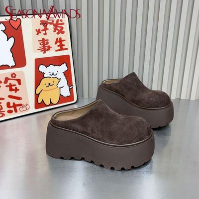 Thick-bottomed Bag Head Half Slippers Women's Wear Matte Soft Leather Versatile Small Muffin Retro Soft Leather Heightening Wool Slippers
