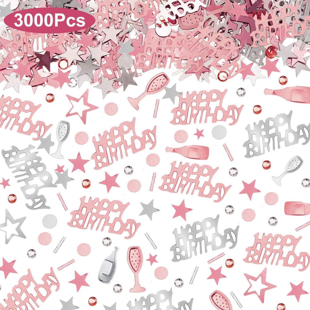 WILLBOND 3000 Pcs Rose Gold Happy Birthday Confetti for Table Silver Pink Stars Sequ Confetti Metallic Foil Table Scatter Decorations for Girls