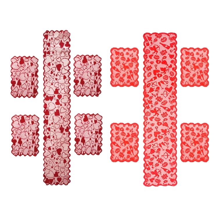 5Pcs Valentines Theme Lace Table Runner and Placemat Set with Heart Pattern Romantics Weddig Anniversaries Dinner Decors