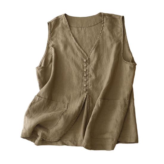 

Хлопково-льняной жилет для женщин летний без рукавов кардиган повседневный на пуговицах короткая куртка XL