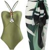 Charming Halter Neck Beaded Decor Hollow Out Bikini Swimsuit With Slit Skirt For Beach