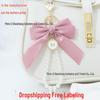 Large Bow Faux Pearl Bracelet Keychain with Colored Woven Strap and Alloy Tag Pendant