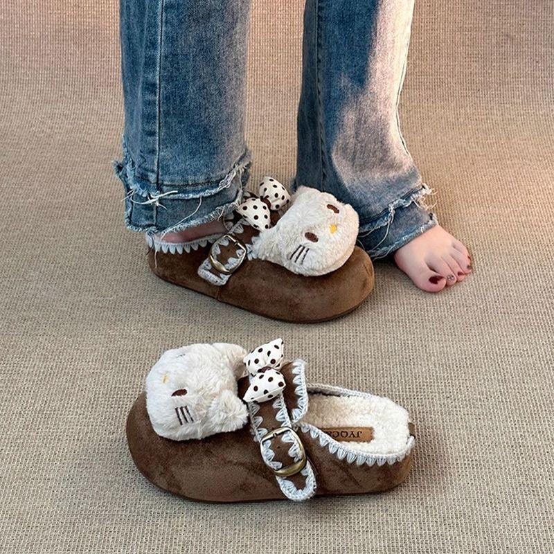 Soft cute Birkenstocks Hello Kitty velvet cotton drag lace  cute bag head half slippers cartoon