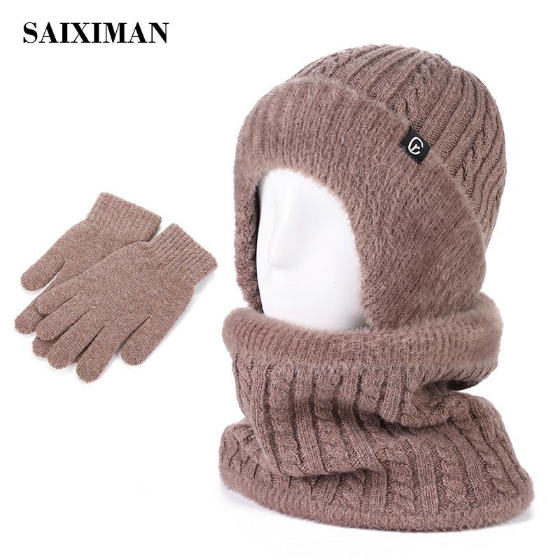 Knitted hat winter hat women's winter velvet warm wool hat men's ear protection scarf