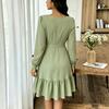 European and American casual V-neck vacation skirt autumn texture long-sleeved splicing dress