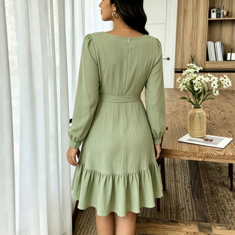 European and American casual V-neck vacation skirt autumn texture long-sleeved splicing dress