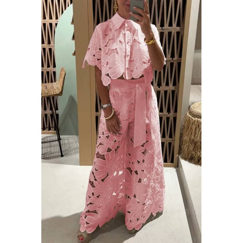 Summer Womens Casual Set With Hollow Out Overlay And Long Pants For Beach And Leisure