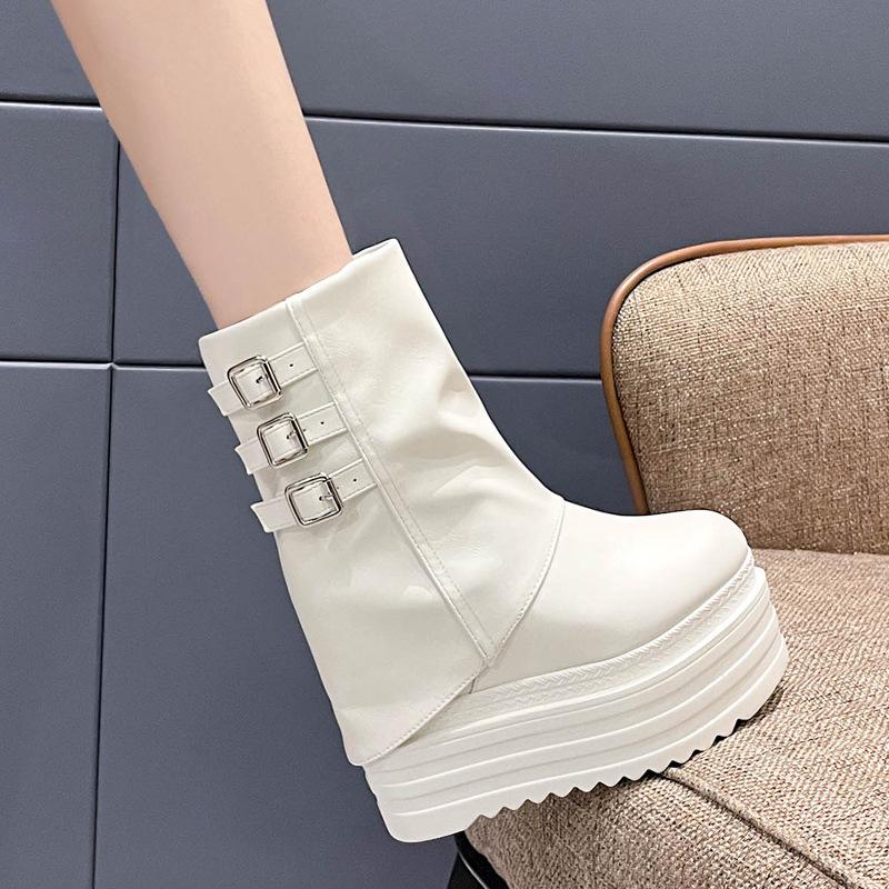 Fashion Spring 13cm Heel Thick Sole Mid-Calf Boots for Petite Women - Black/White Warm Stylish Height-Increasing Smoke Tube Design