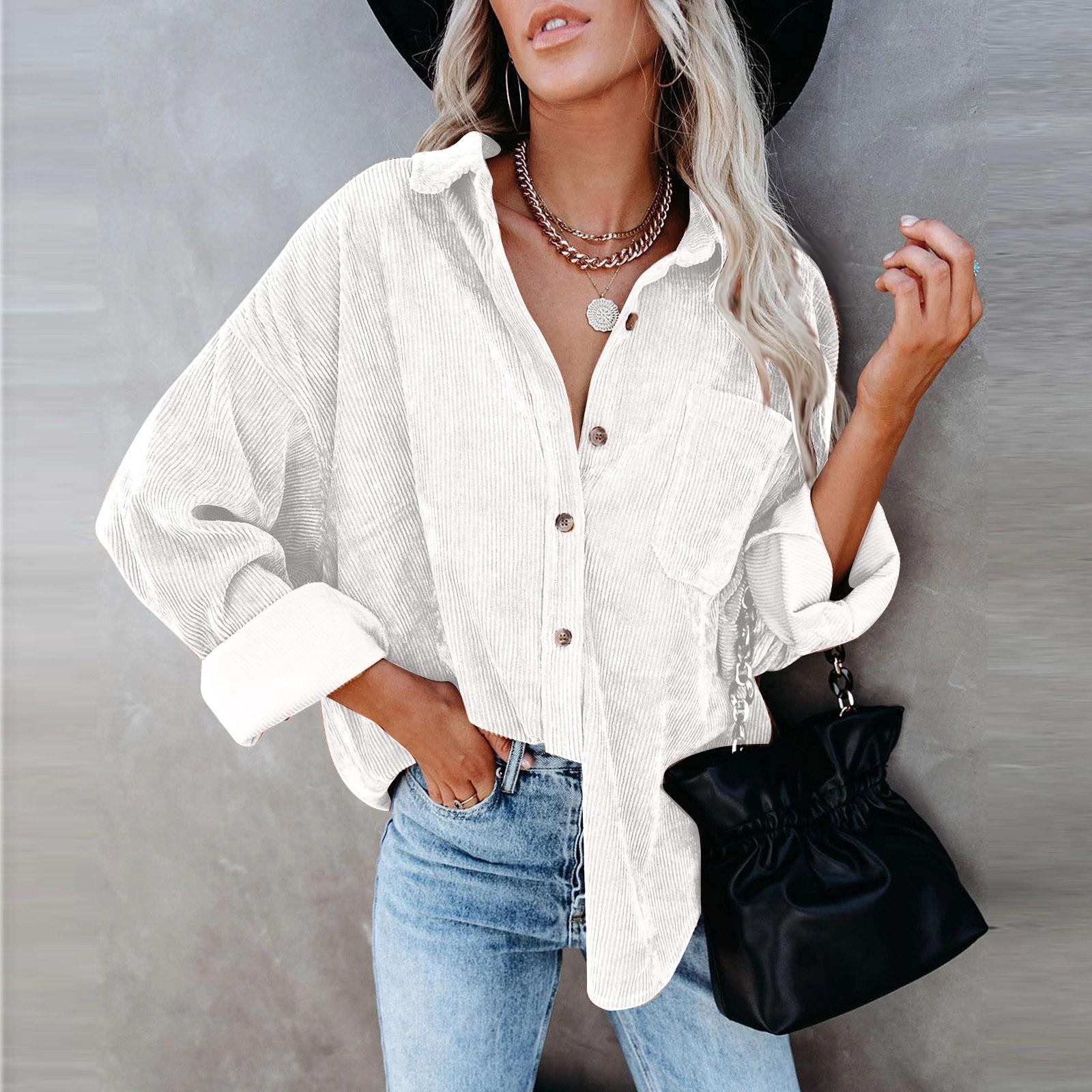 

Женская повседневная вельветовая блузка с длинными рукавами и V-образным вырезом, повседневная блузка из 95% полиэфира, топы XL белый