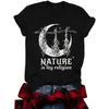 Women's Witch Hat & Moon Print Round Neck Tee, Vintage Trendy Casual Short Sleeve T-shirt Fit for Daily Wear, Ladies Summer Top, Halloween, Womenswear