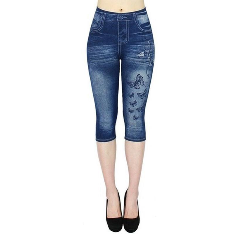 

Imitation Denim High-Waisted Cropped Leggings for Women - Printed Design XL