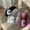 Knit Beanie Hat Angora Rabbit Hair Double Fold Letter C Rhinestone Winter Warm Soft Conical Skullcap Women