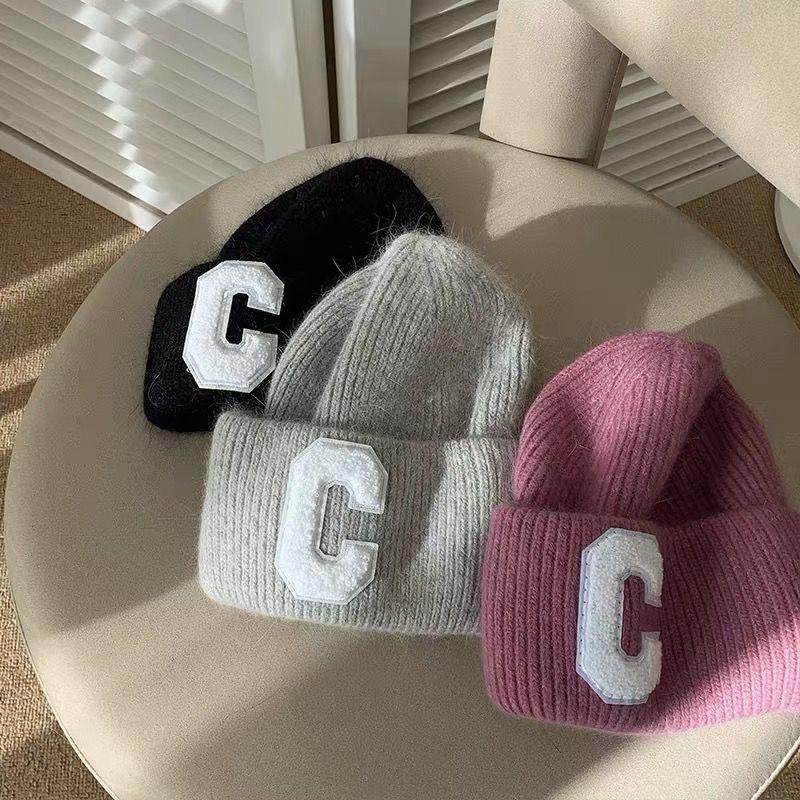 Knit Beanie Hat Angora Rabbit Hair Double Fold Letter C Rhinestone Winter Warm Soft Conical Skullcap Women