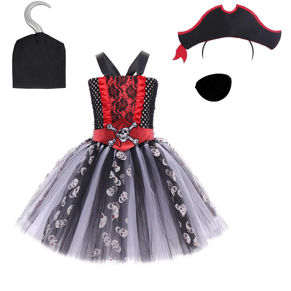 Kids Pirate Costume Dress with Tutu Skirt Skull Print Adjustable Straps and Accessory Set for Halloween Costume Party Role Play