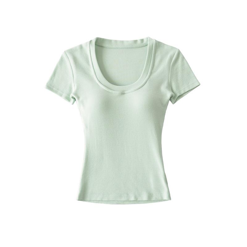 Spice girl u-neck short-sleeved t-shirt women's short with chest pad summer waist tight sexy t-shirt high waist bottoming shirt top