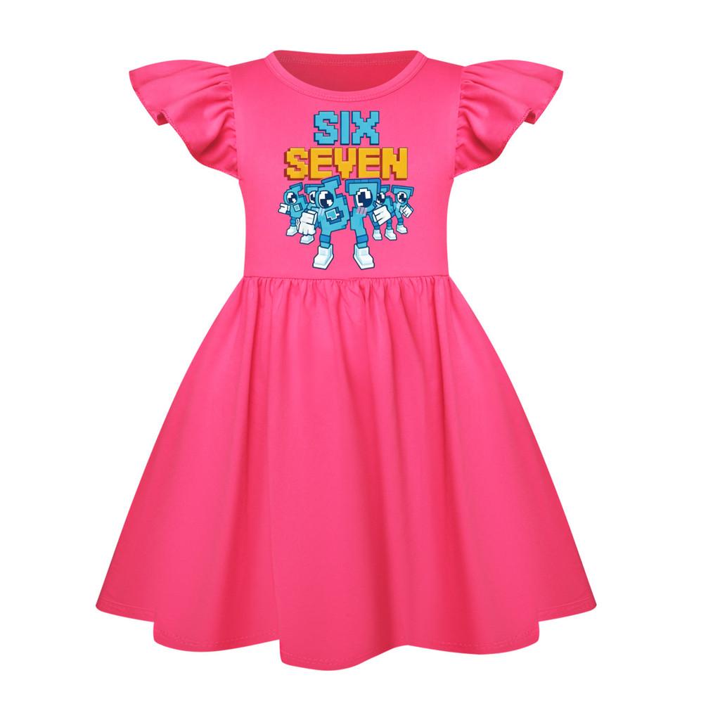 5195 Kids Girls Steal a Brainrot 67 Six Seven Printed Ruffle Short Sleeves Casual Dress