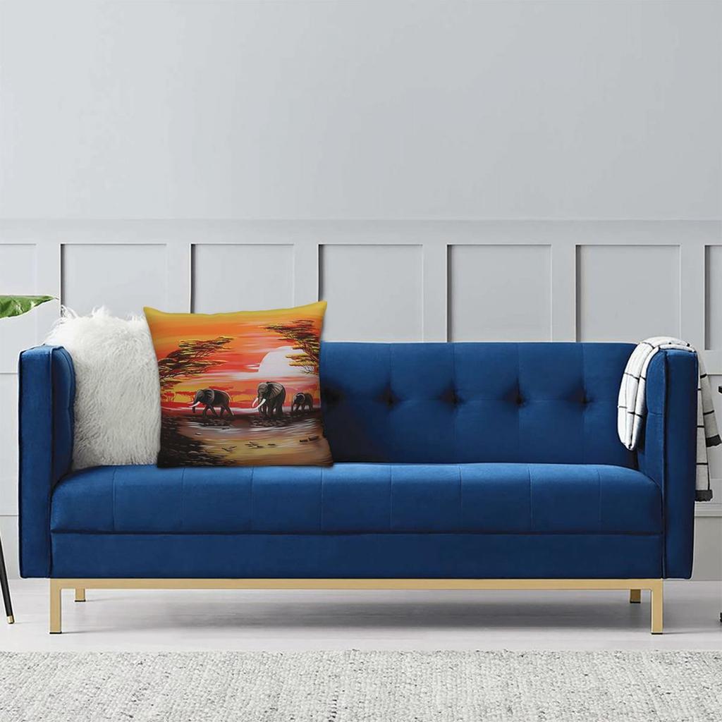 African Sunset Scene And Elephants Square Pillowcase Pillow Cover Cushion Throw Pillow for Home Sofa Living Room