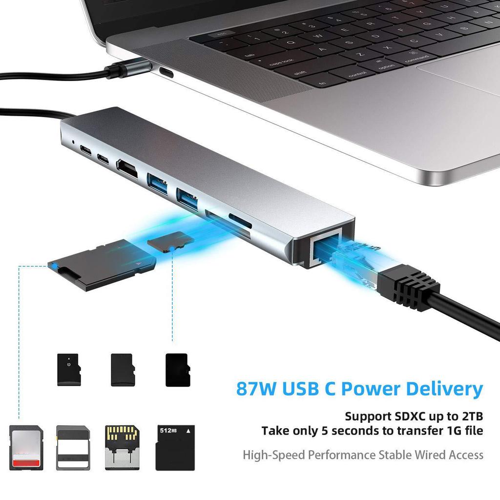 8 IN 1 USB C Hub Type C Docking Station Multiport Adapter with 4K HD RJ45 Ethernet USB 3.0 PD Charging Port SD TF Card