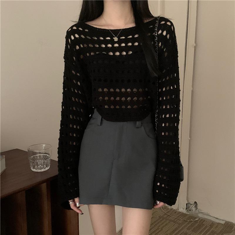Modne Bluzki z Długim Rękawem z Szydełkowej Dzianiny Lato Plażowe Bikini Okrycie Krótki Sweter Dzianinowy Bluzka Kobiety Wakacje Boho Casual Koszule z Filtrem Przeciwsłonecznym 26588