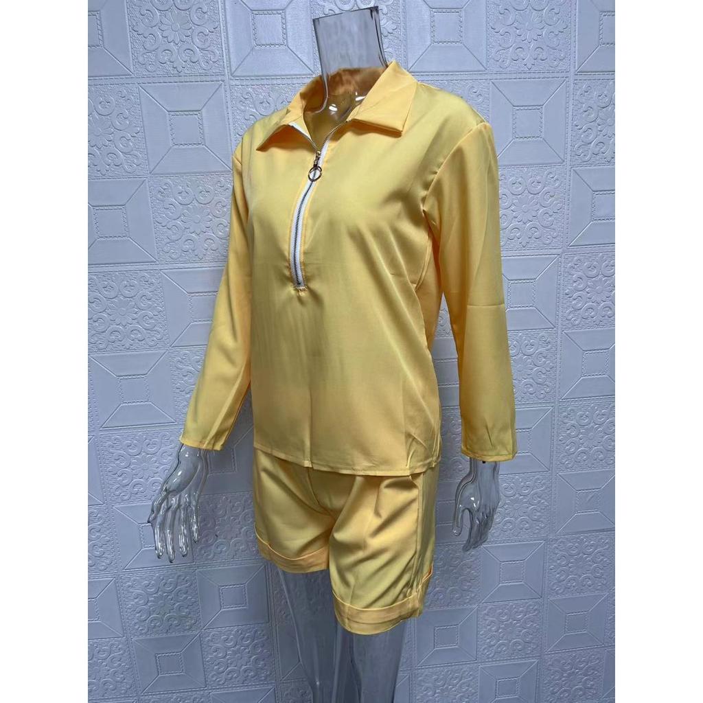 Women's sets summer long-sleeved lapel printed zipper shirt shorts clothes sale