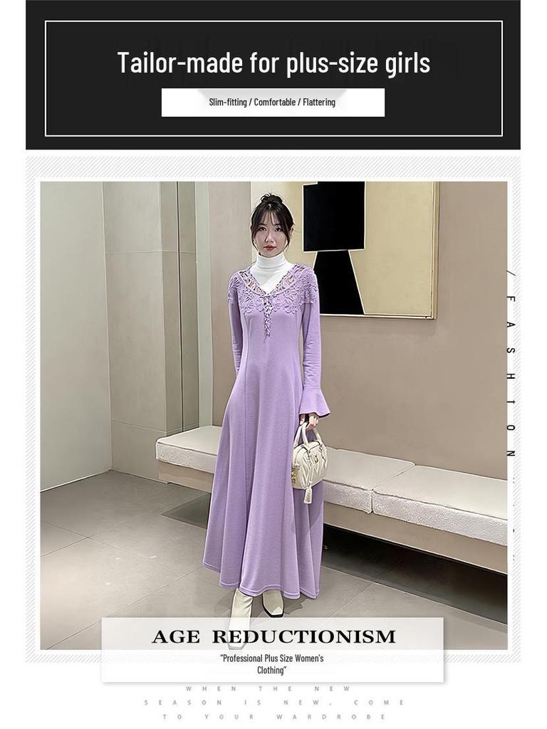Plus Size Women's Elegant Suede Bell Sleeve Dress - Winter 2025 Collection