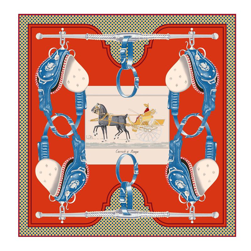 Silk Scarf Women Carriage Print Square Scarves Head Echarpes Silk Foulards Femme Wraps Beach Shawls Bandana Lady Hijabs 90CM