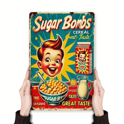 VintageGameDecor "F-Fallout 3" Lattina Cereali Bomba Zuccherata Segno Metallico Retro - 1pz Targhetta Metallica Retro per Arredamento Casa - Allegra Illustrazione di Ragazzo