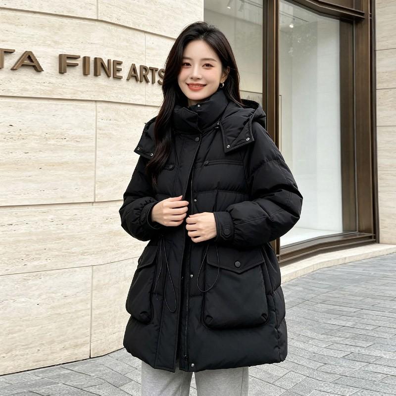 Womens Winter Duck Down Coat Mid-Length Thick Warm Loose Fit Hooded Parka Office Commute Black White Beige Pink Khaki