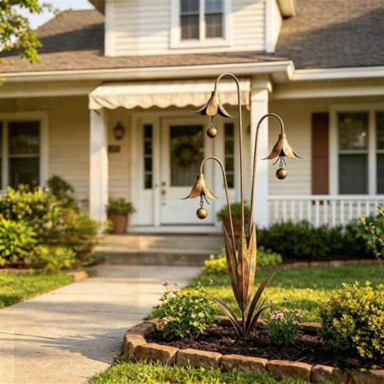 Triple Bluebells Garden Stake, Metal Flower Decoration with Bell, Calla Lilies Yard Art Sculpture, Rustic Handmade Ornament for Outdoor Lawn Patio