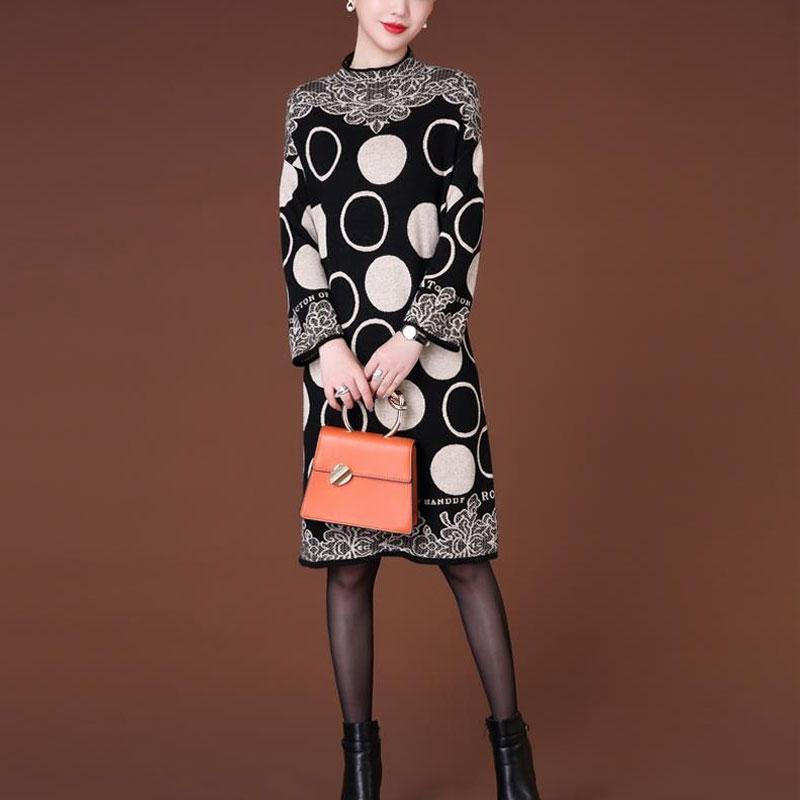 Fashion Vintage Printed Midi Dress Women's Long Sleeve Casual Polka Dot Autumn Winter Half High Collar Knitted