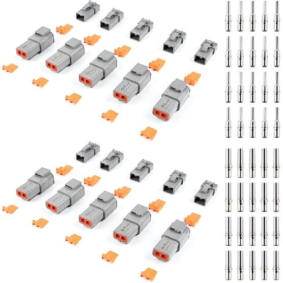 JRready ST6285 Deutsch DTP Connector Kit Size 12 Waterproof 25 Amp - 10 Sets 2 Pin Connector Kit with 20 Pairs 16-12 AWG Solid Contacts Male and