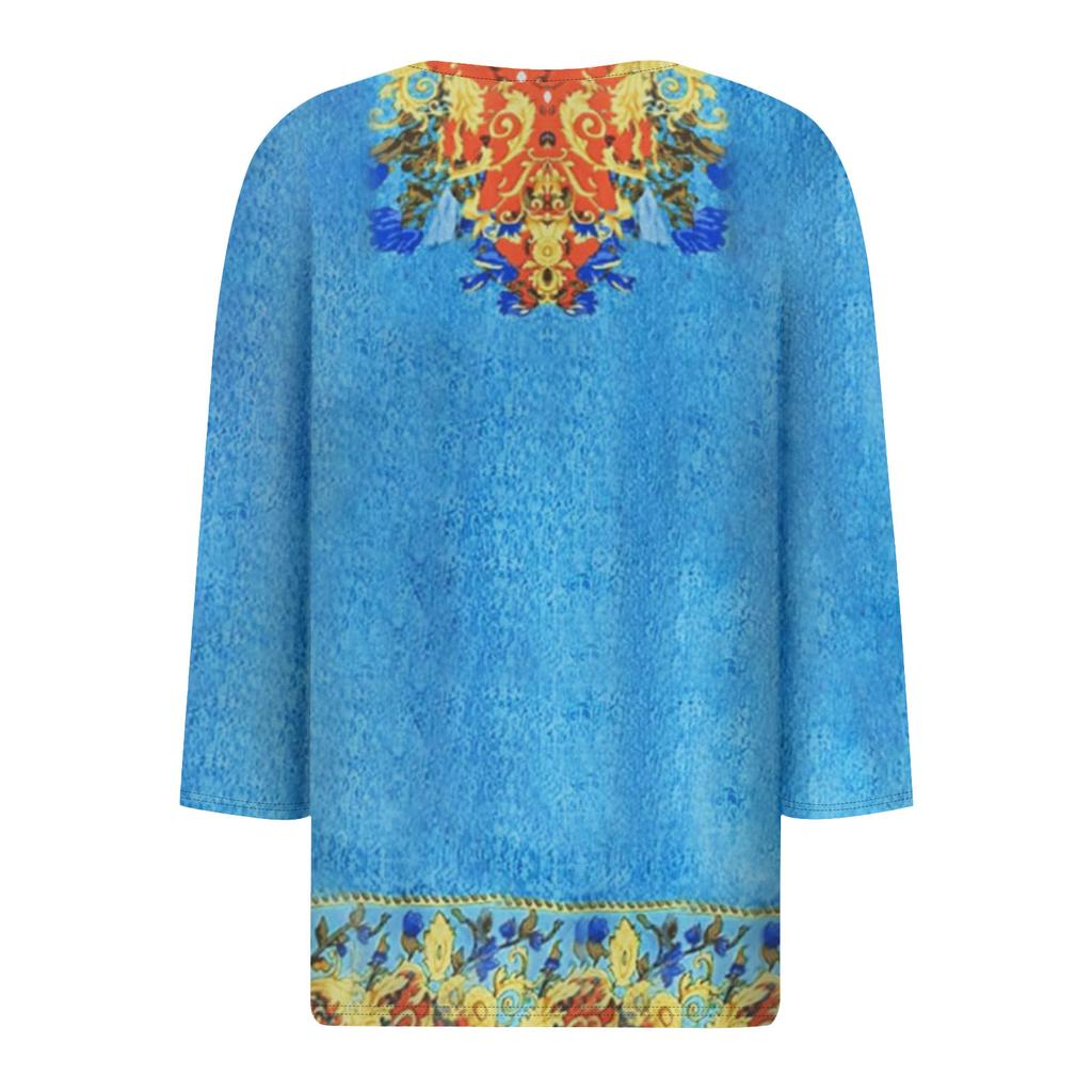Women's Fashion Casual Seven Split Sleeve Burst Vintage Floral Print Pullover Top