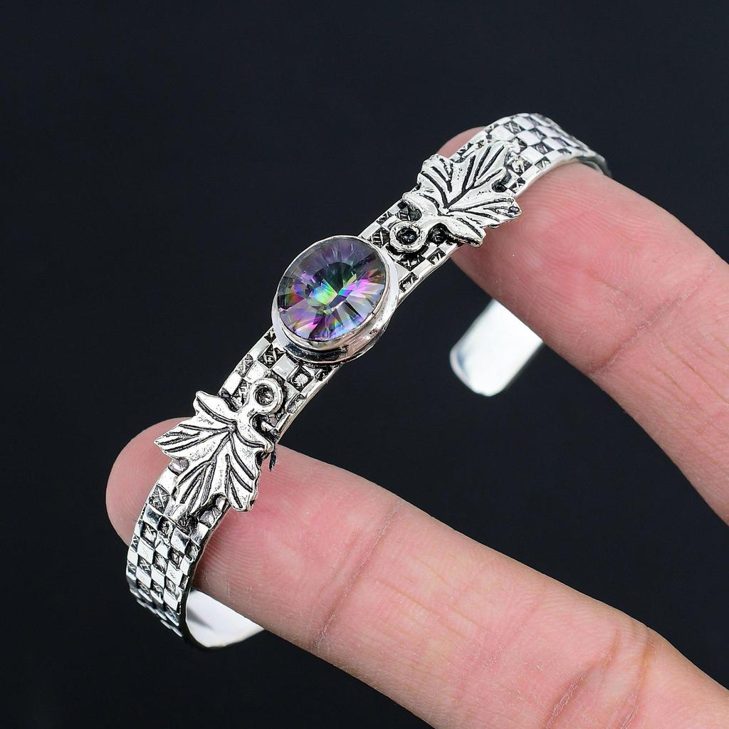 Sterling Silver Rainbow Mystic Topaz Gemstone Wife Leaf Art Deco Bangle Jewelry