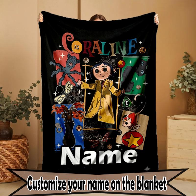 Custom Name Personalized Coraline Print Blanket, Home Decor, Bedroom, Sofa, Camping, Couch, Gifts for Birthday Christmas