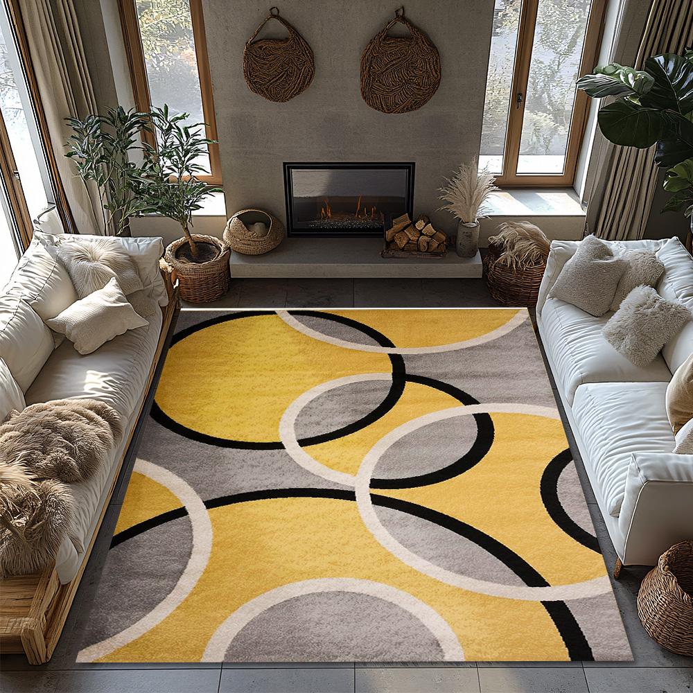 Yellow Gray Geometric Bohemian Rug, Interlocking Circle Pattern Non-Slip Carpet, Modern Living Room Mat for Artistic Decor